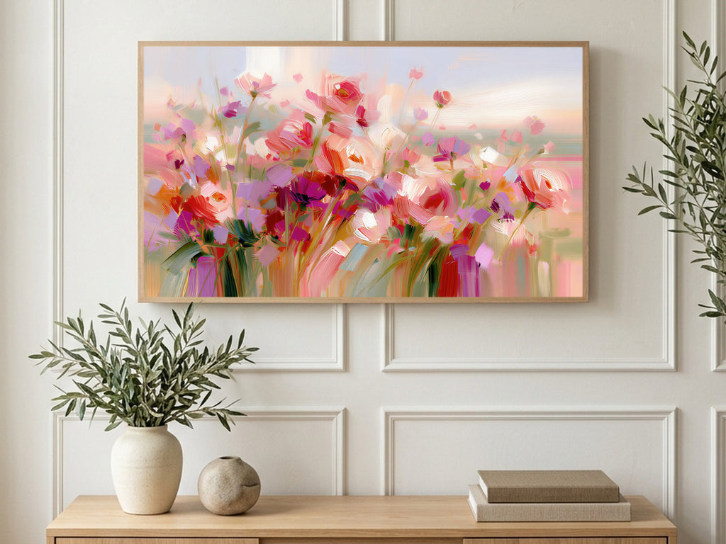 Blush Wildflower Meadow art on a TV in a living room
