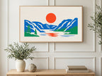 Red Sun Mountain Lake art on a TV in a living room