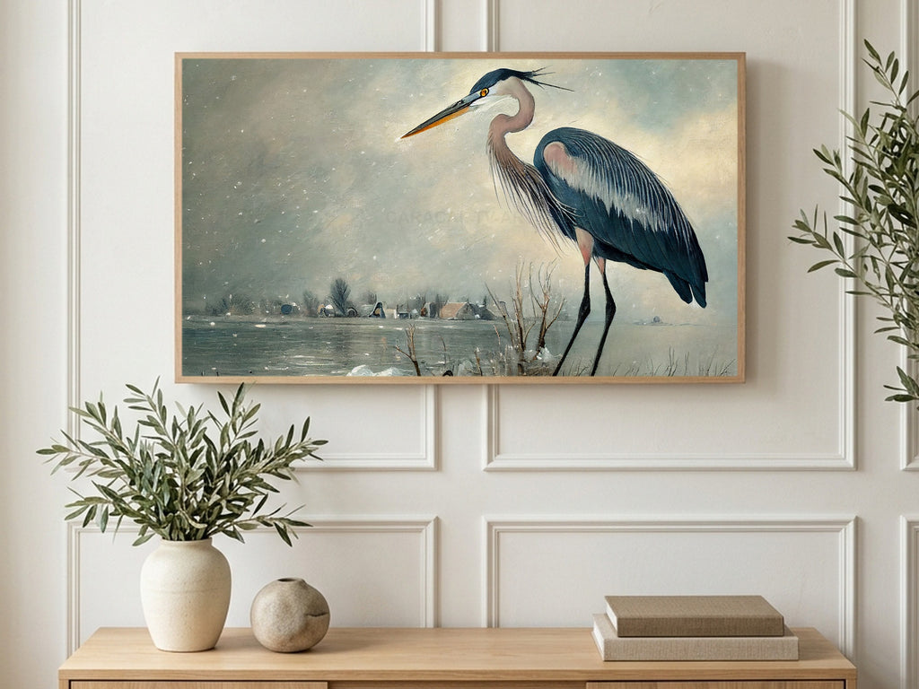 Snowy Lake Heron art on a TV in a living room
