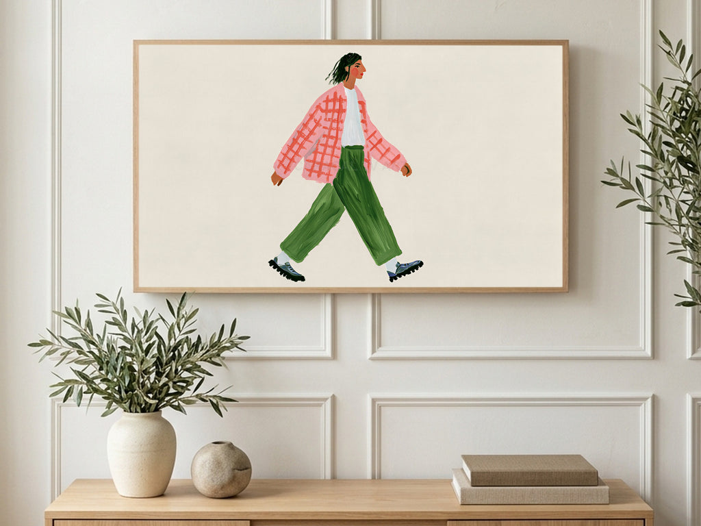 Pink Check Stroll art on a TV in a living room