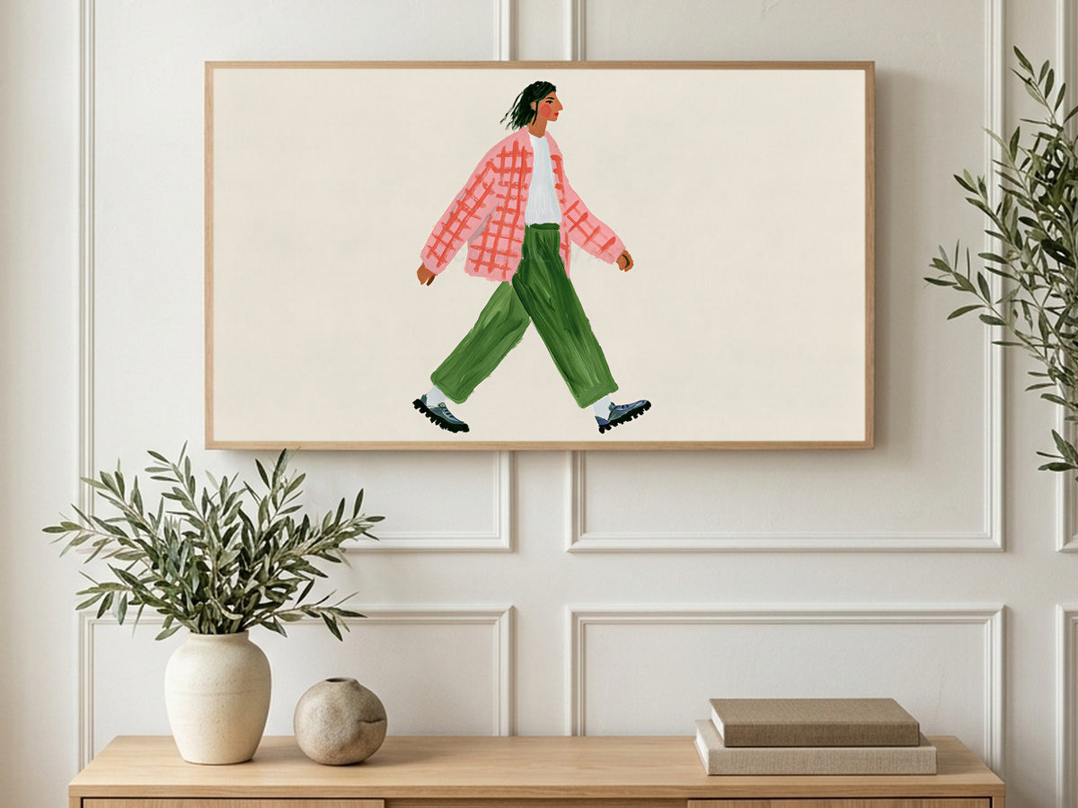 Pink Check Stroll art on a TV in a living room