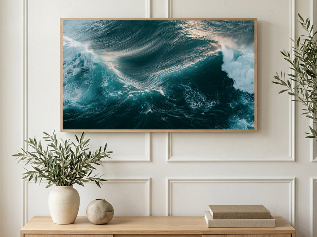 Aerial Stormy Sea art on a TV in a living room