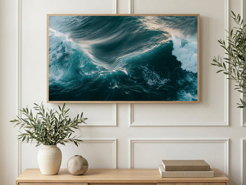 Aerial Stormy Sea art on a TV in a living room
