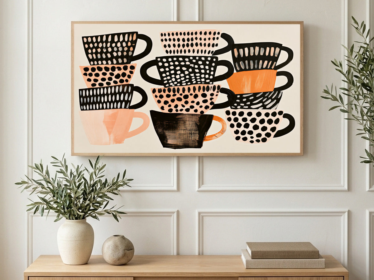 Stacked Polka Dot Teacups art on a TV in a living room