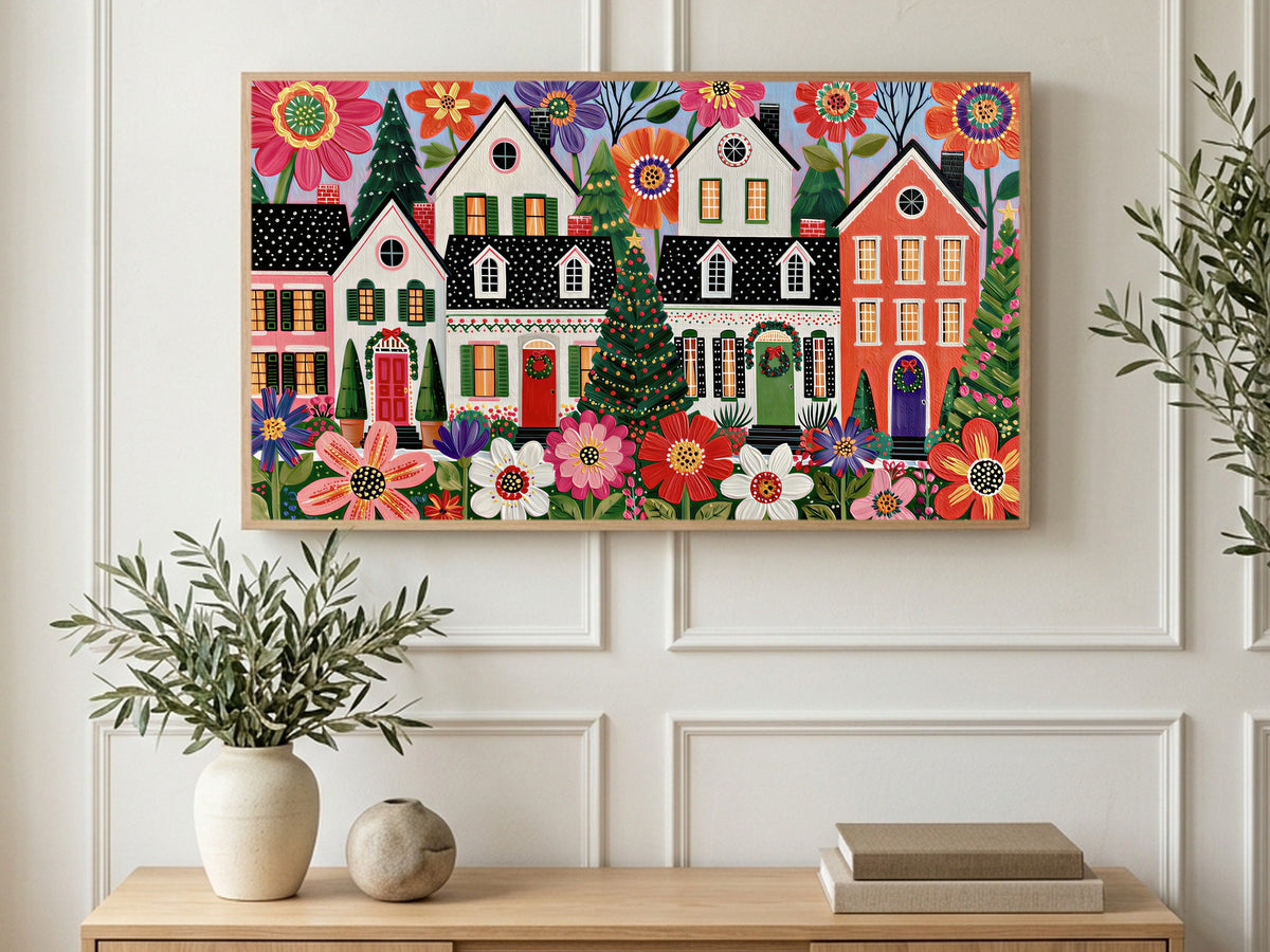 Folk Wreath Village art on a TV in a living room
