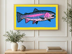 Neon Rainbow Trout art on a TV in a living room