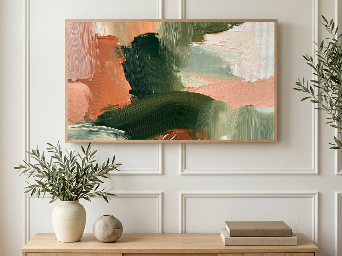 Green and Peach Impasto art on a TV in a living room