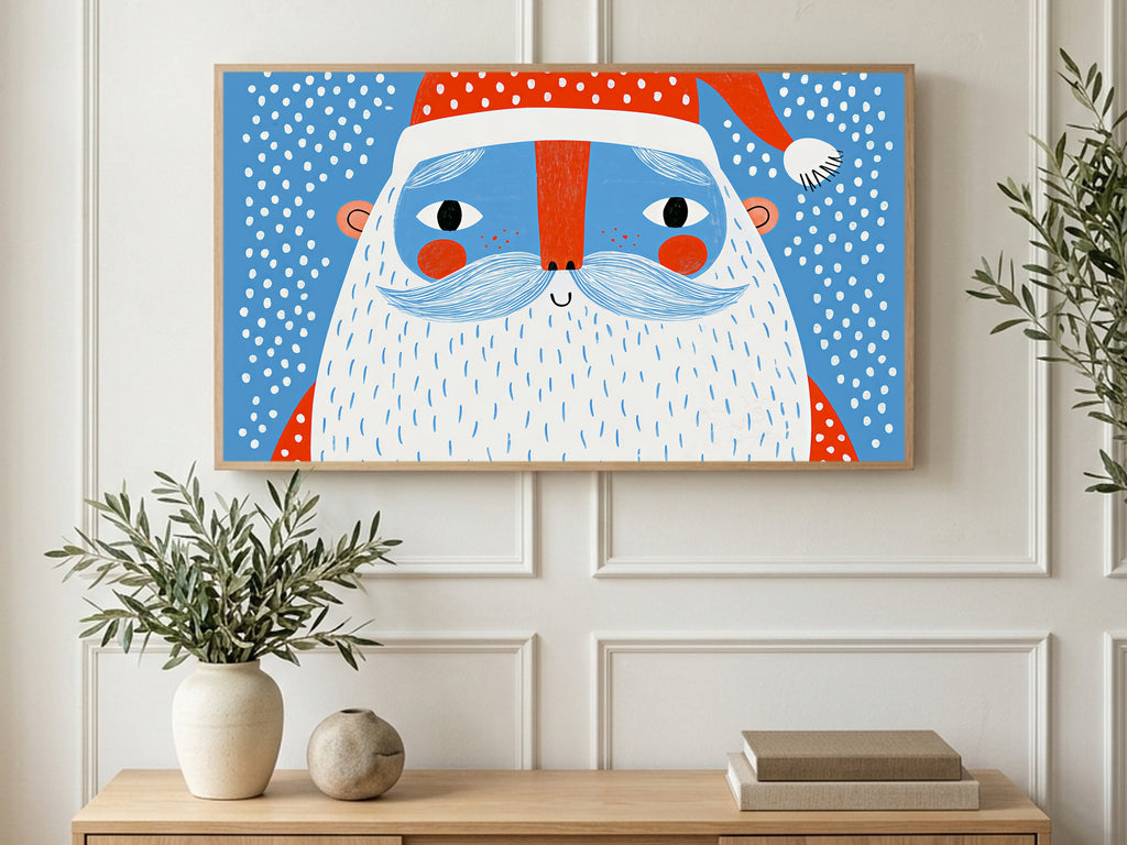 Polka Dot Santa art on a TV in a living room