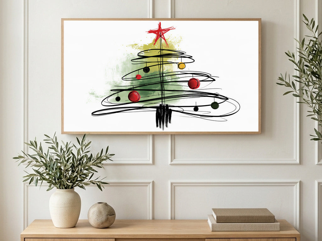 Scribble Ornament Tree art on a TV in a living room