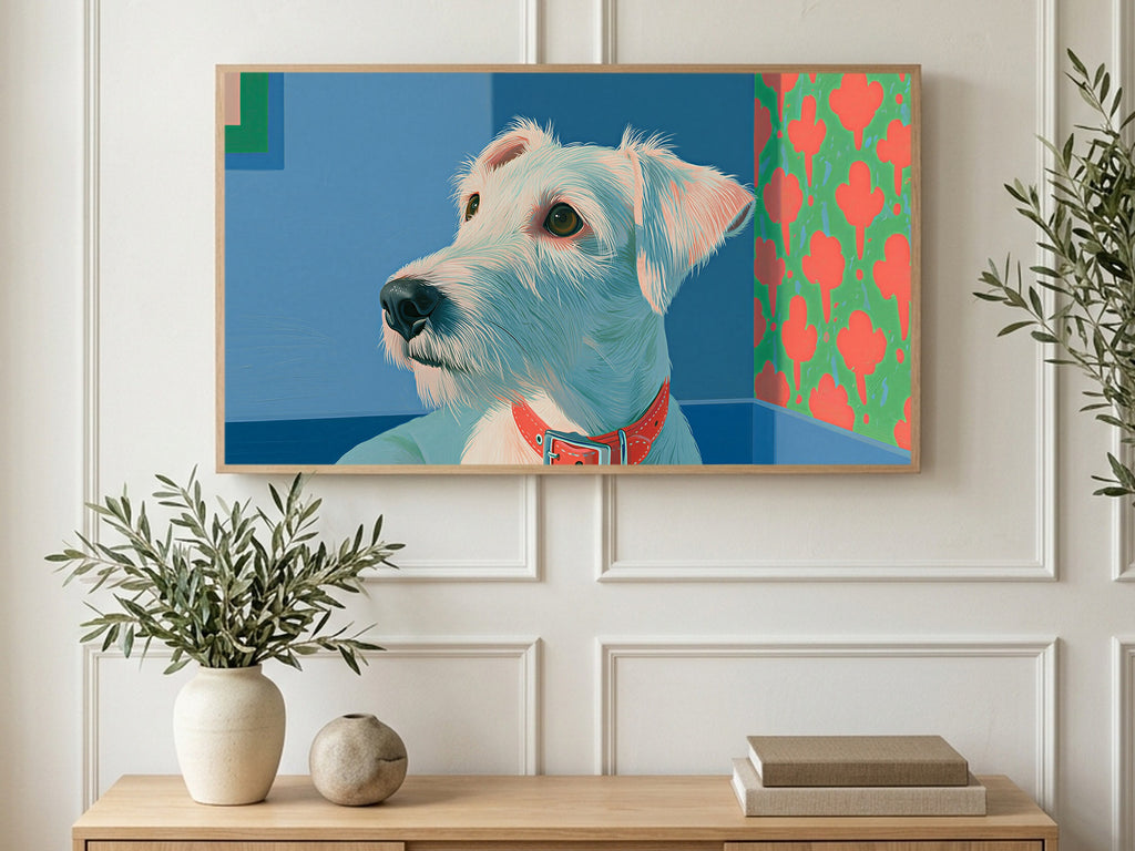 Terrier with Red Collar art on a TV in a living room