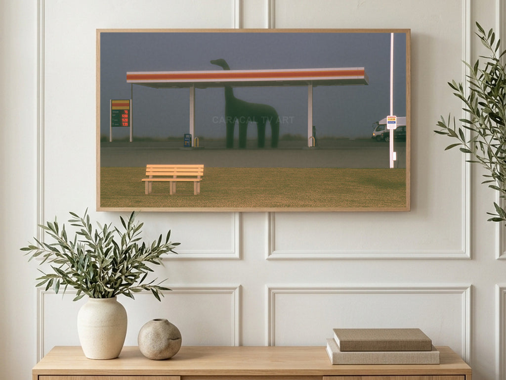 Foggy Gas Station Dinosaur art on a TV in a living room