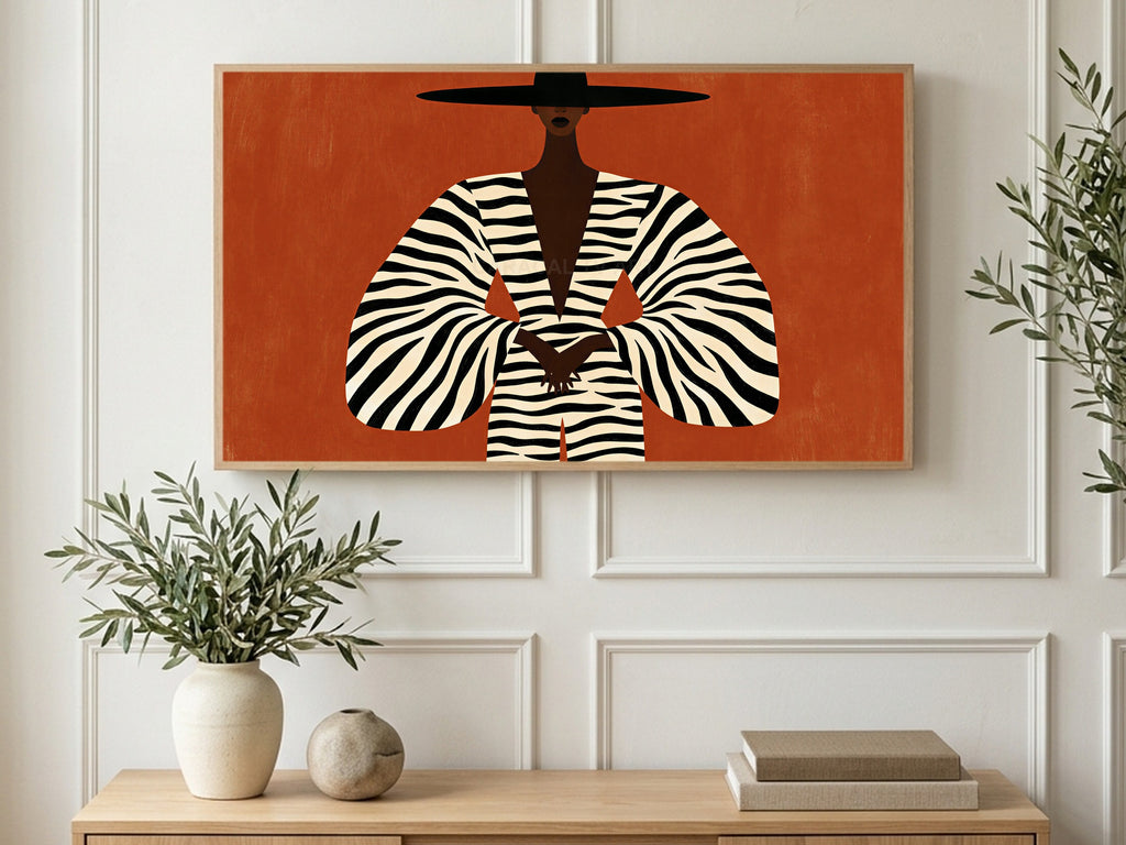 Zebra Coat Fashion art on a TV in a living room