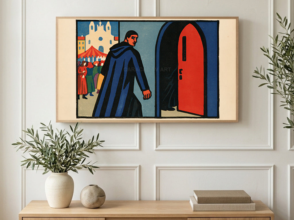 Hooded Monk Red Door art on a TV in a living room