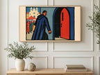 Hooded Monk Red Door art on a TV in a living room
