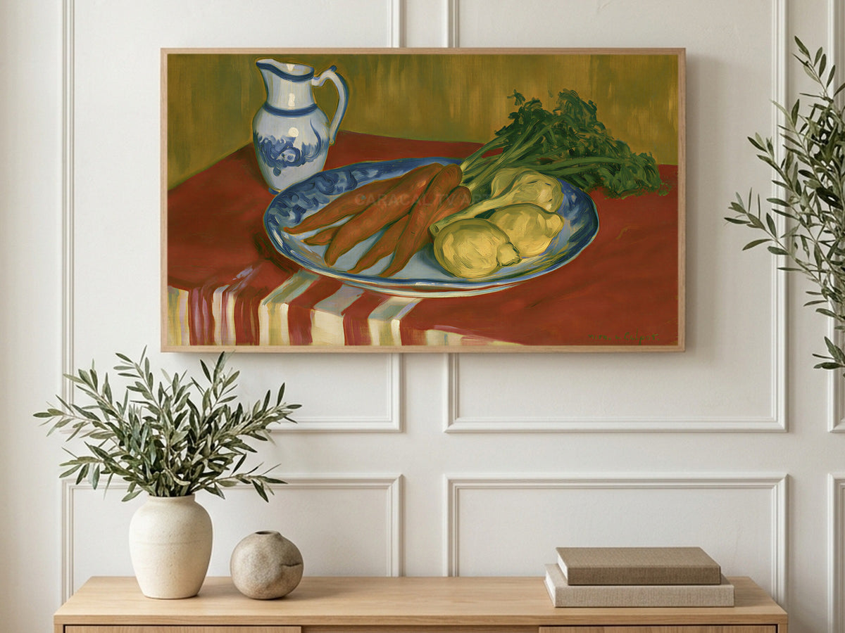 Carrots and Blue Pitcher art on a TV in a living room
