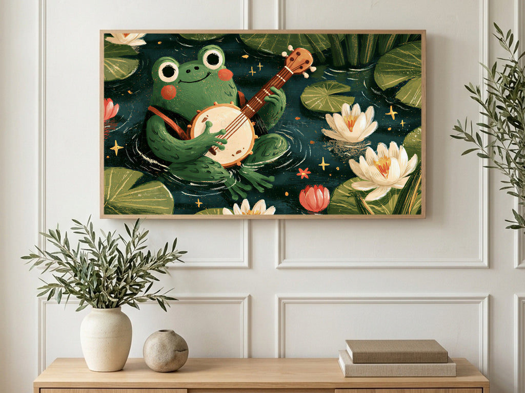 Banjo Pond Frog art on a TV in a living room