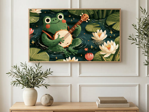 Banjo Pond Frog art on a TV in a living room