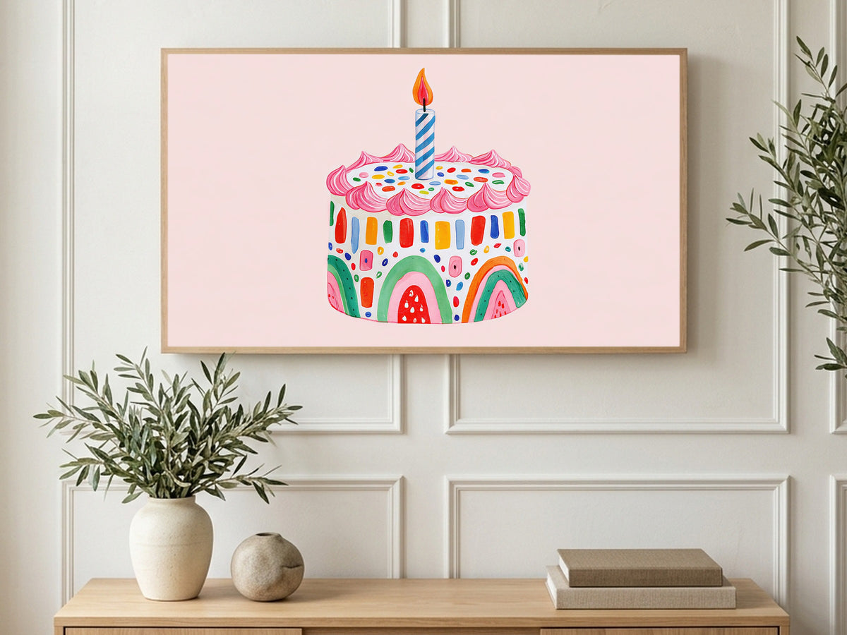 Rainbow Birthday Cake art on a TV in a living room