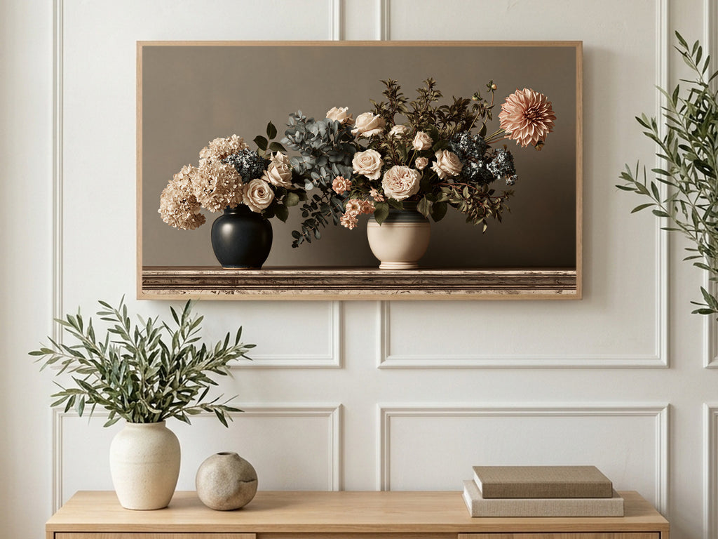 Roses and Hydrangea Vases art on a TV in a living room