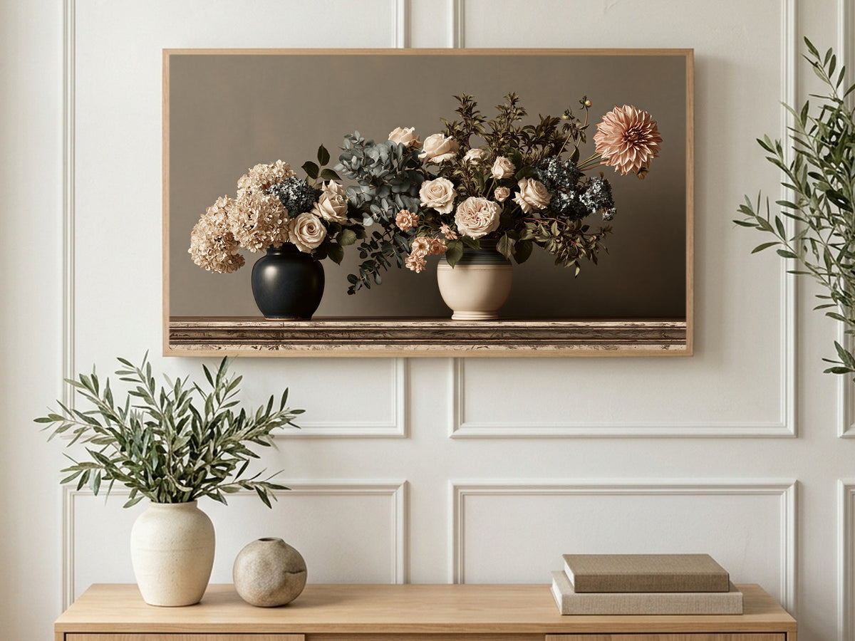 Roses and Hydrangea Vases art on a TV in a living room