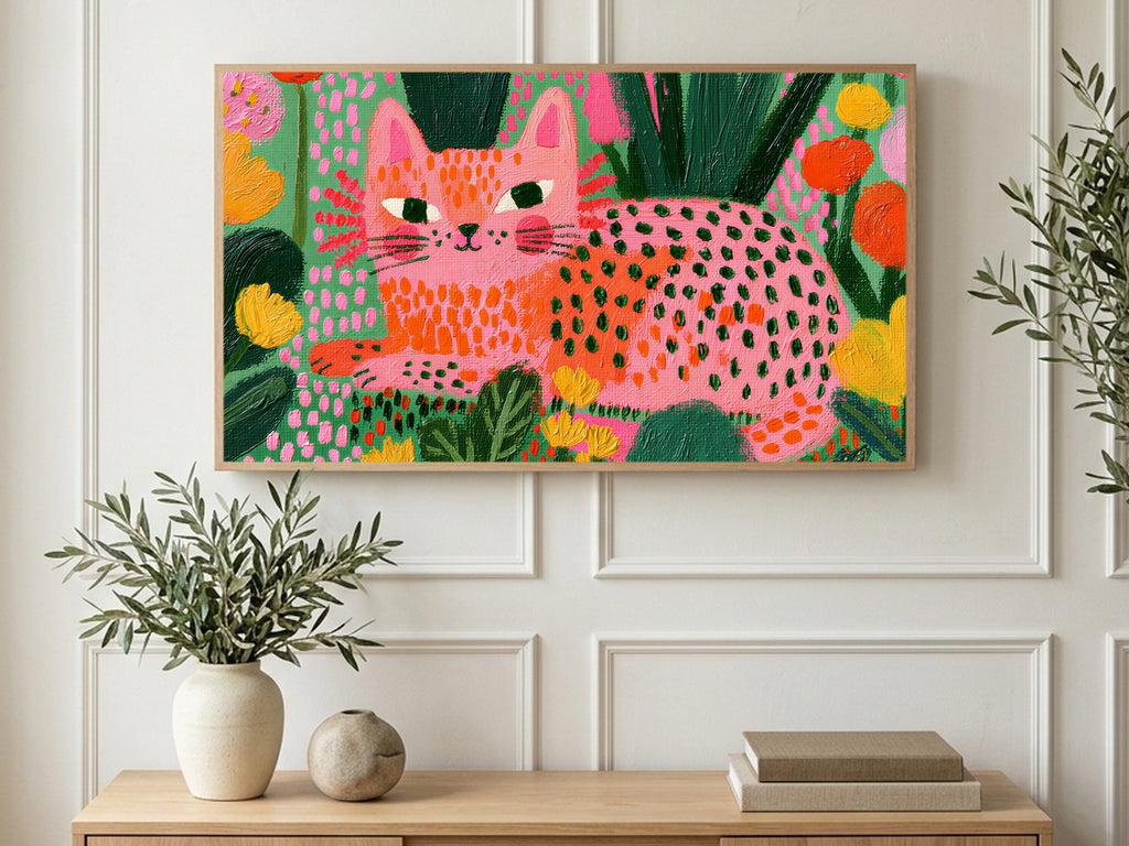 Pink Spotted Cat art on a TV in a living room