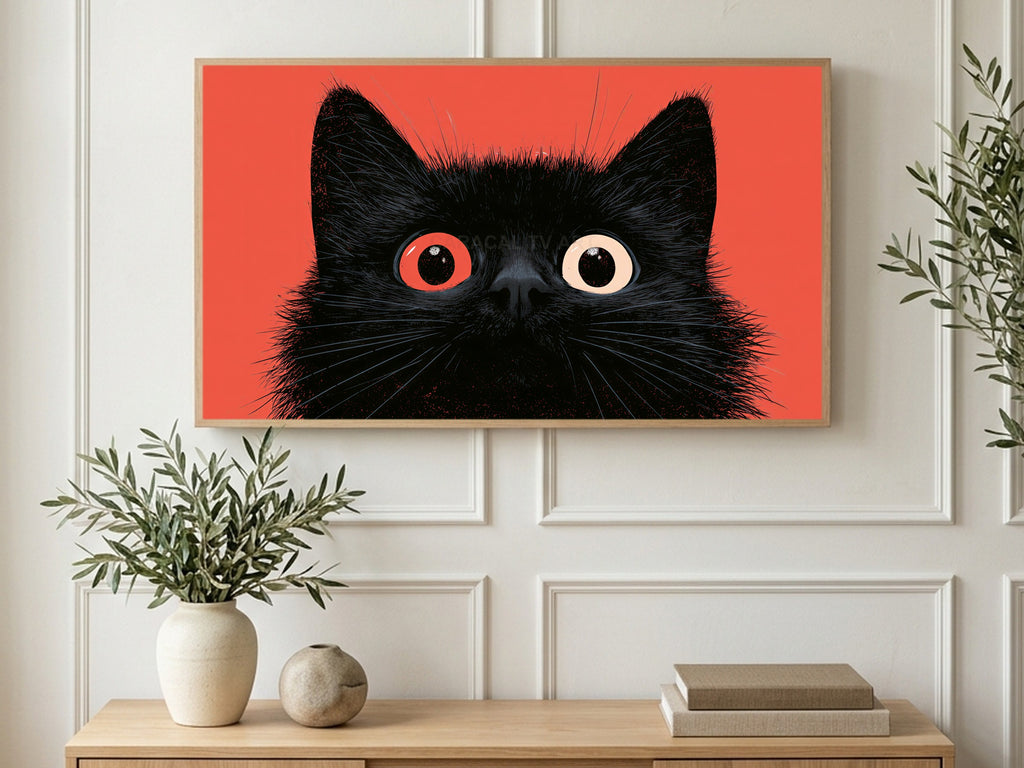 Coral Black Cat Stare art on a TV in a living room
