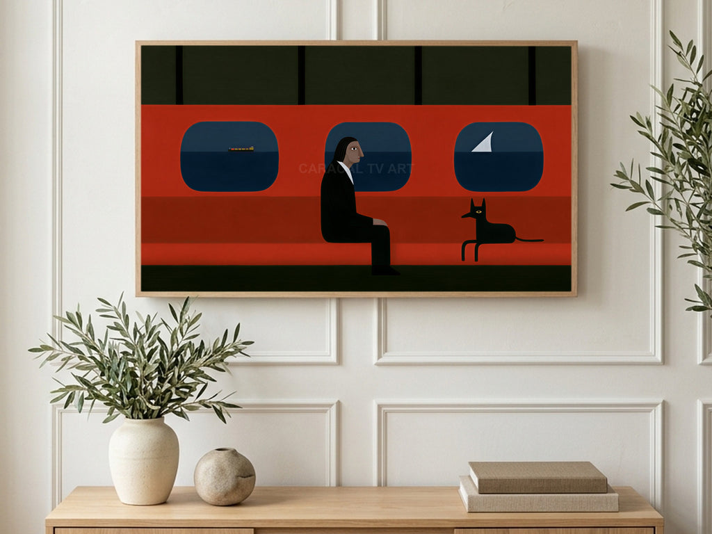 Red Ferry Cabin art on a TV in a living room