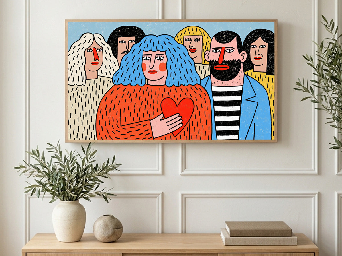 Blue Hair Heart Crowd art on a TV in a living room