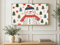 Crayon Snowman art on a TV in a living room