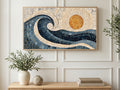 Mosaic Wave and Sun art on a TV in a living room