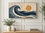 Mosaic Wave and Sun art on a TV in a living room