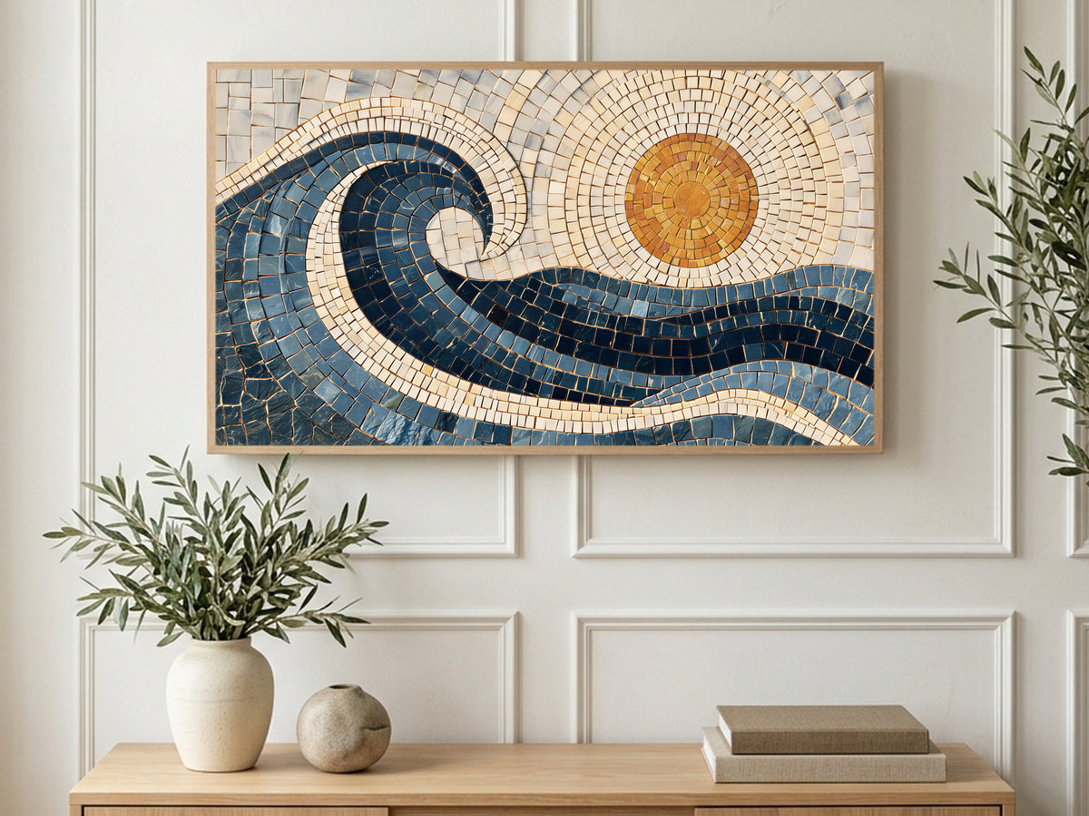 Mosaic Wave and Sun art on a TV in a living room