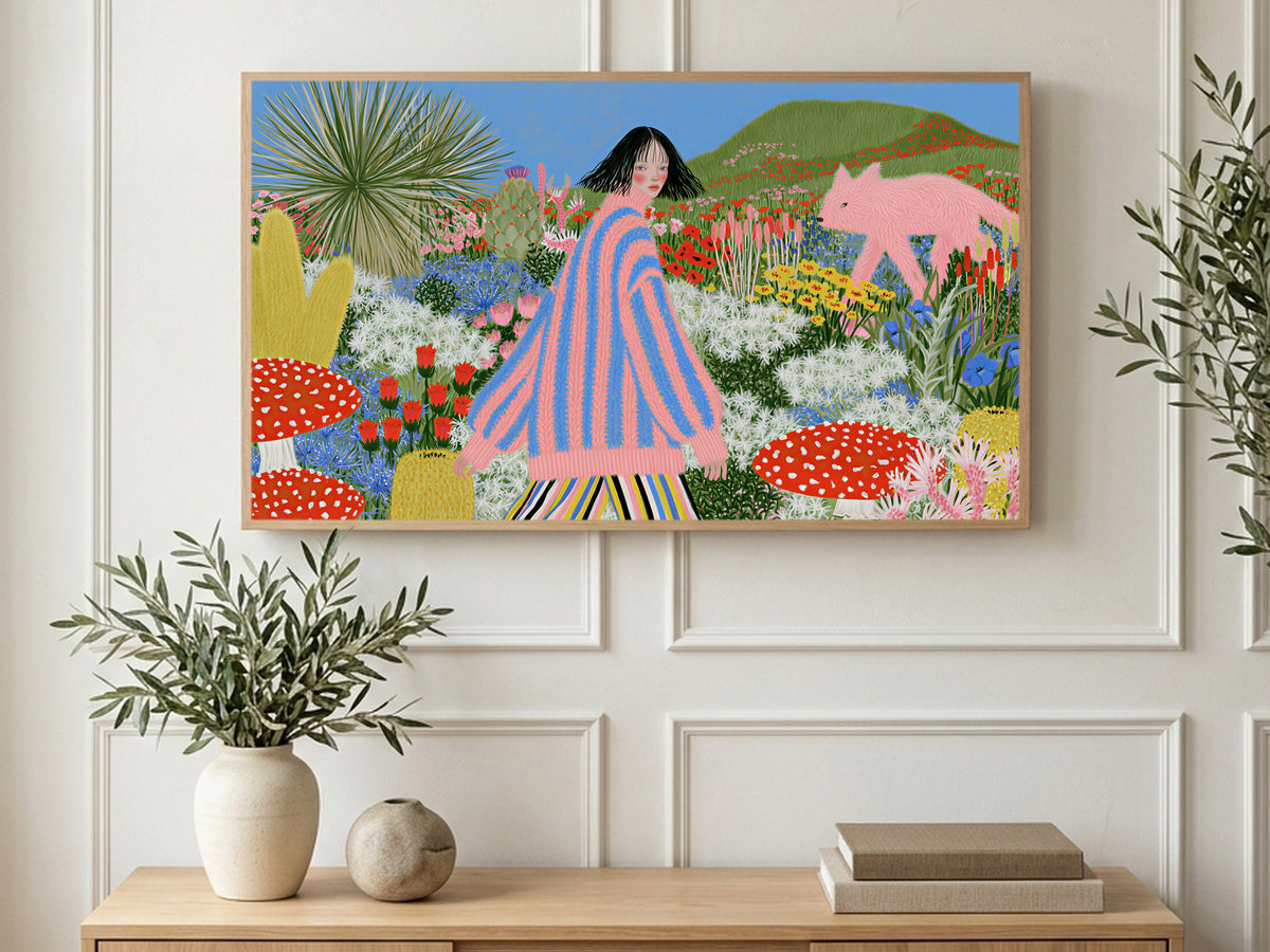 Pink Fox Garden Walk art on a TV in a living room