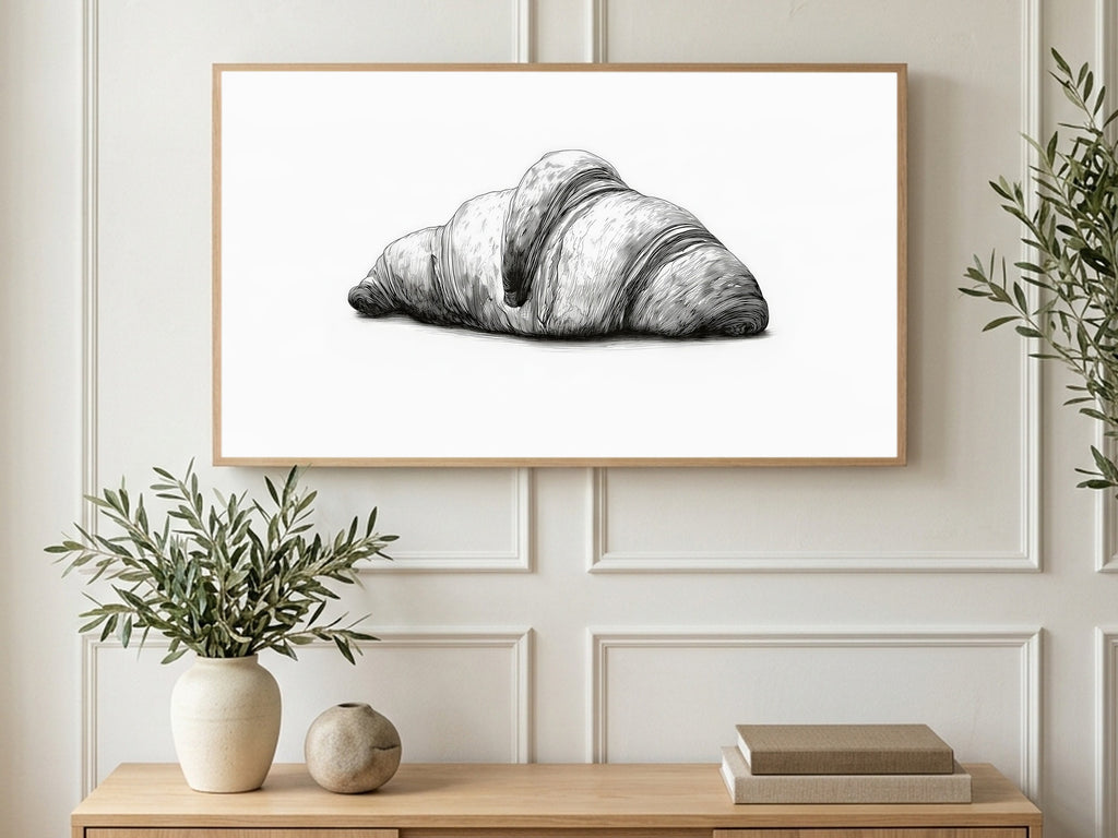Croissant Ink Etching art on a TV in a living room