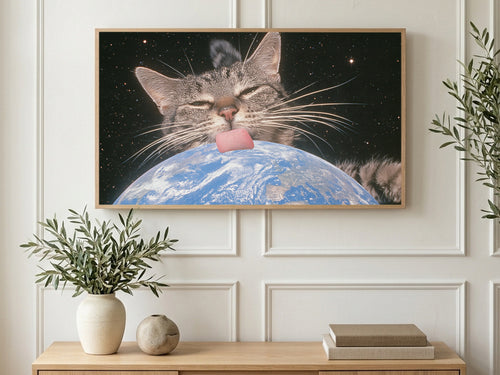 Cat Licking Earth art on a TV in a living room