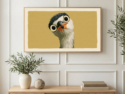 Big Eyed Night Heron art on a TV in a living room