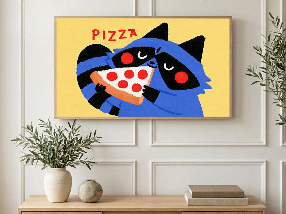 Sleepy Pizza Raccoon art on a TV in a living room