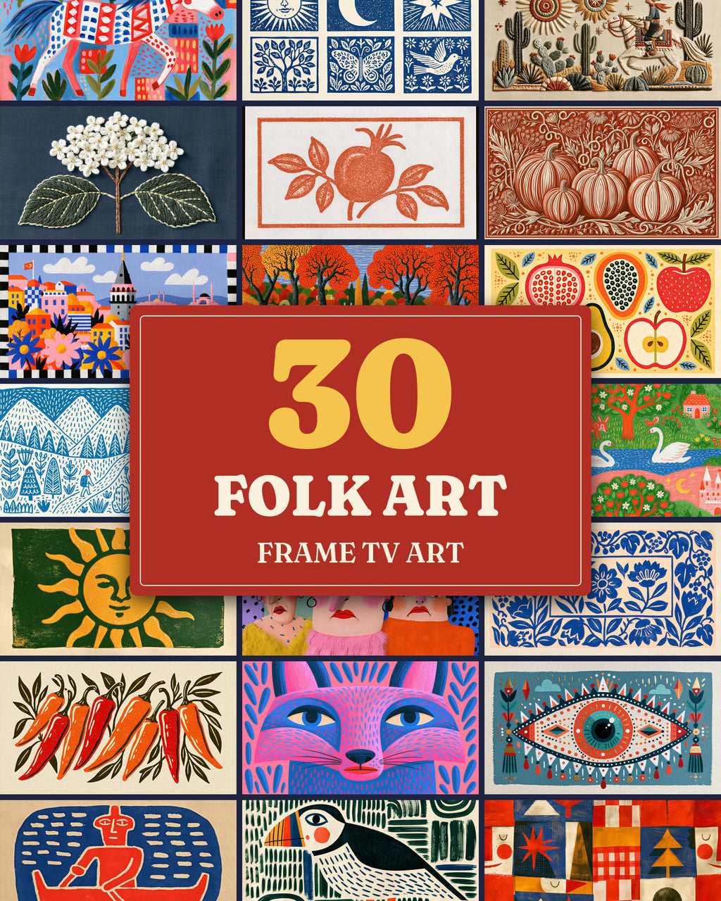 Folk Art Bundle of 30: every artwork of the bundle in a grid