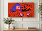 Woman with Red Daisies art on a TV in a living room