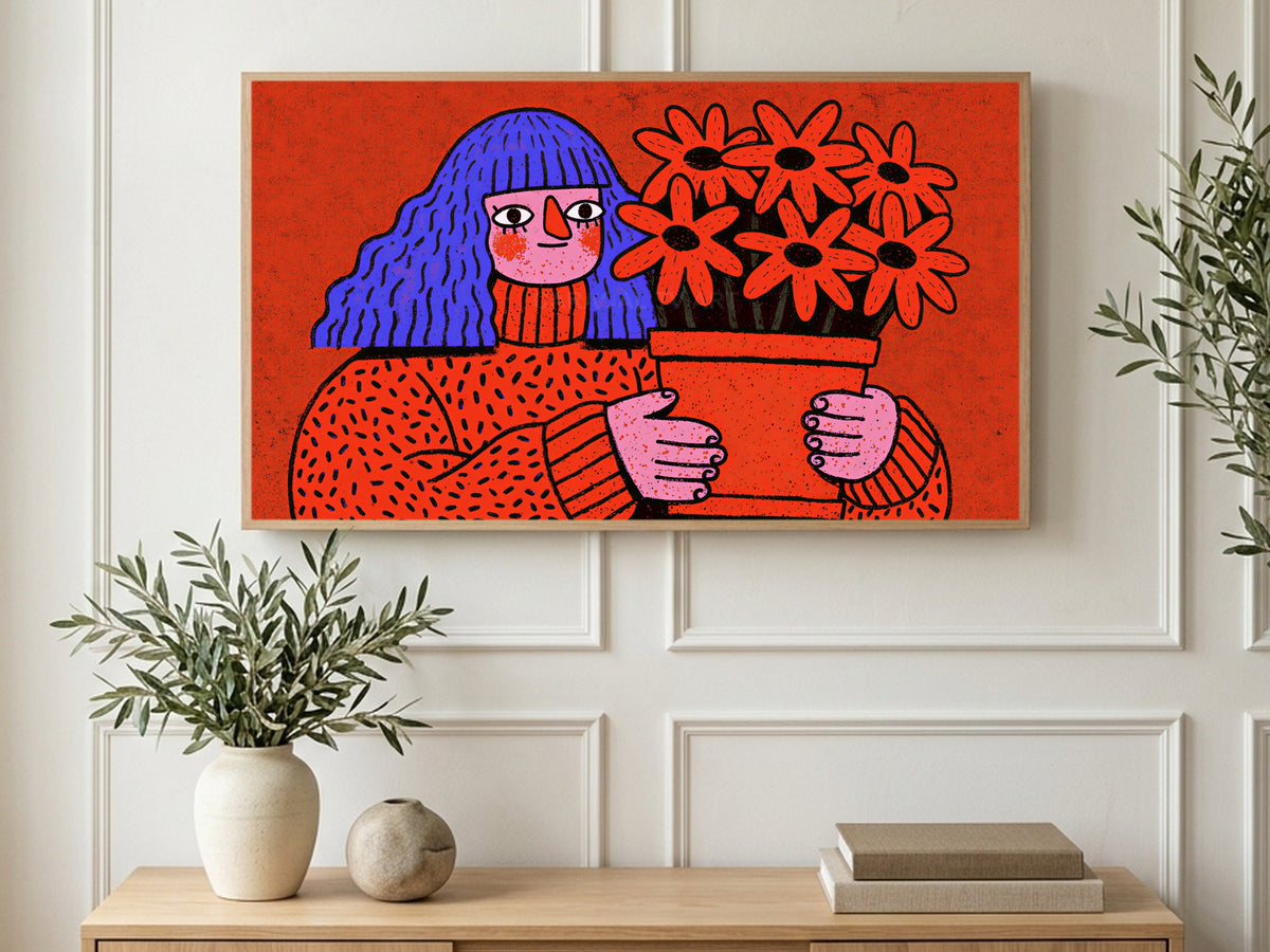 Woman with Red Daisies art on a TV in a living room