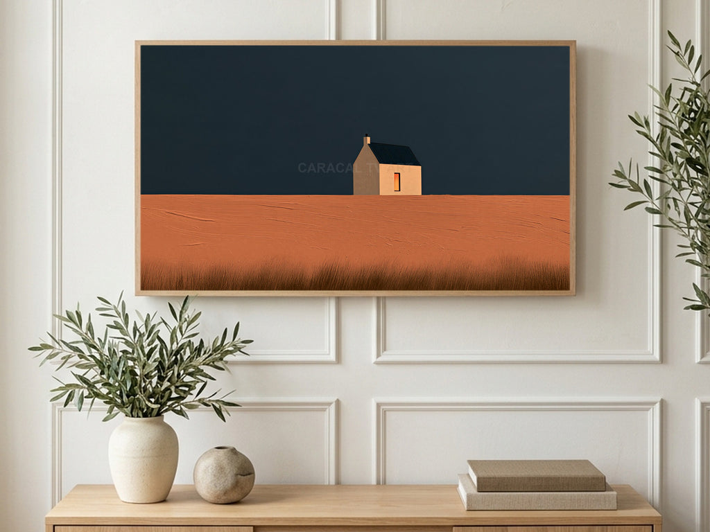 Lone Cottage at Dusk art on a TV in a living room