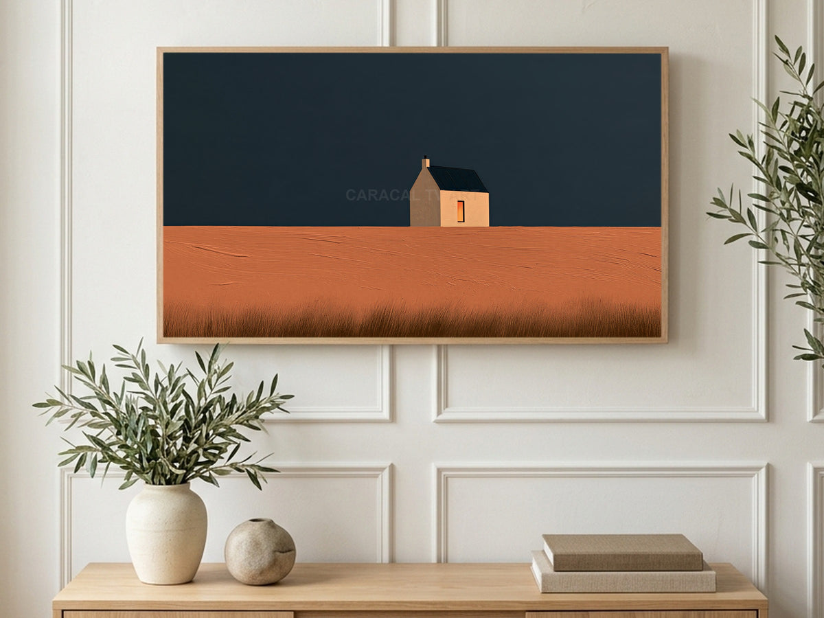Lone Cottage at Dusk art on a TV in a living room