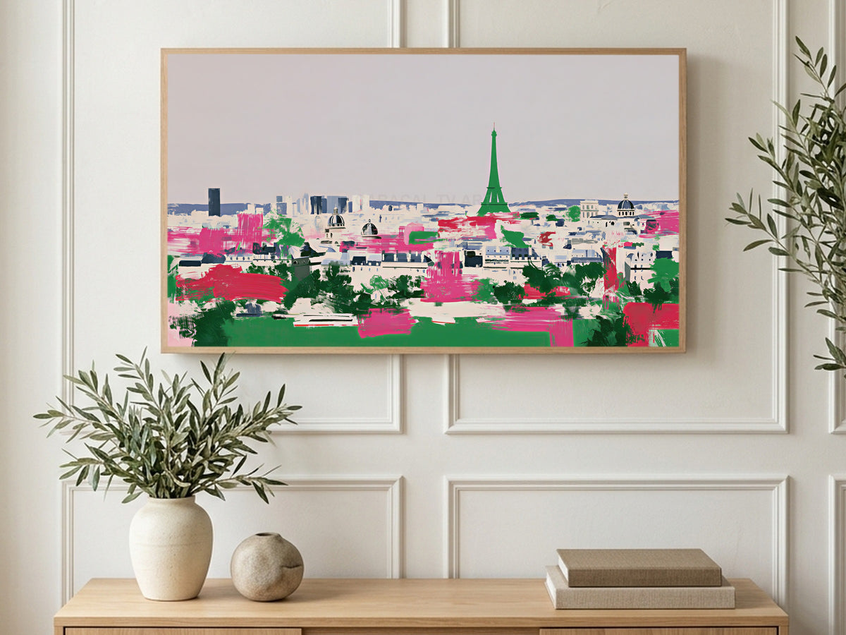 Pink Paris Skyline art on a TV in a living room