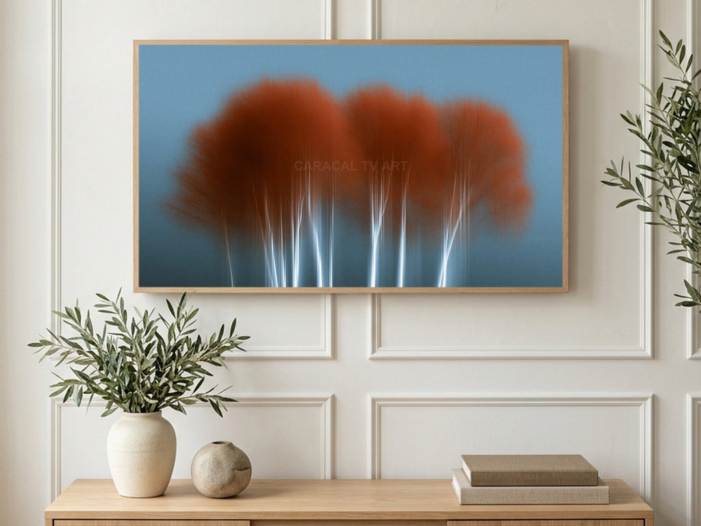 Blurred Autumn Birches art on a TV in a living room