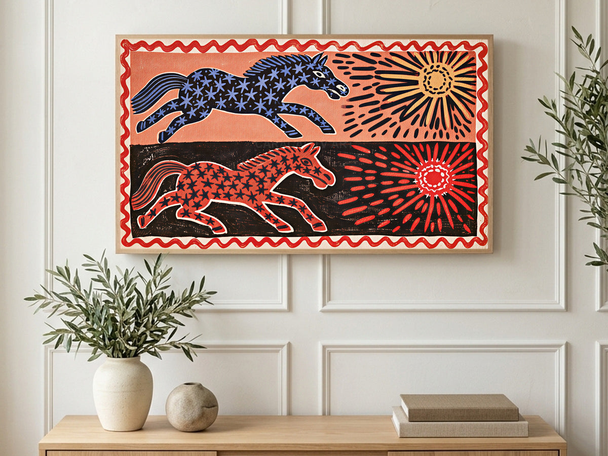 Star Horses and Suns art on a TV in a living room