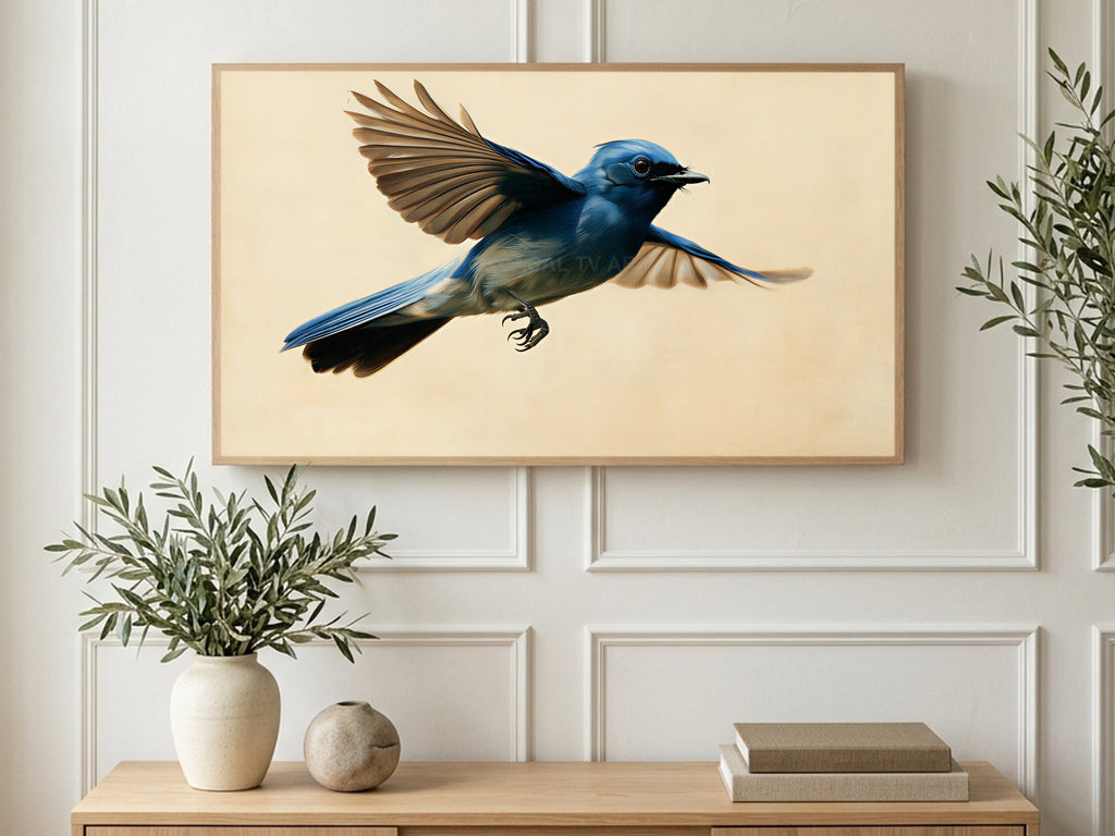 Blue Flycatcher in Flight art on a TV in a living room