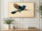 Blue Flycatcher in Flight art on a TV in a living room