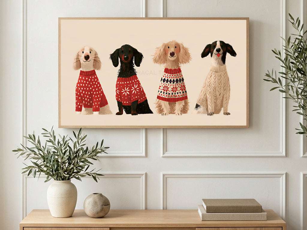 Knit Sweater Dogs art on a TV in a living room
