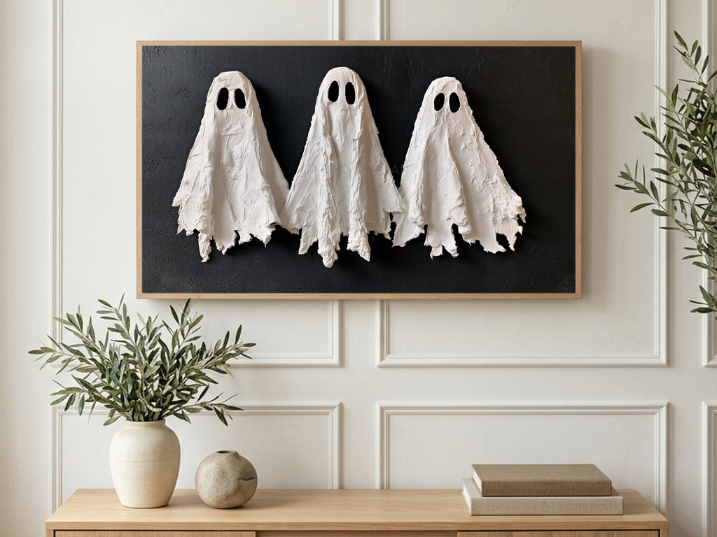 Three Textured Ghosts art on a TV in a living room