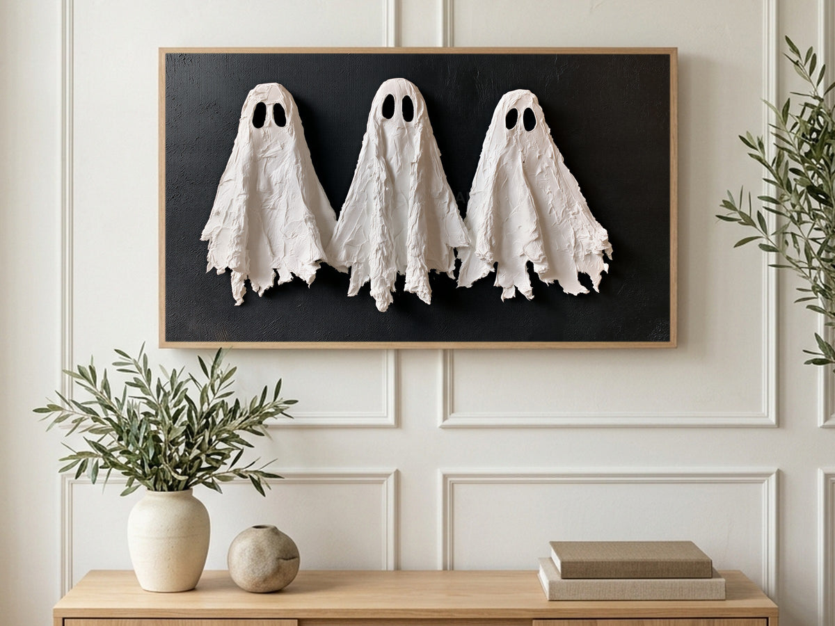Three Textured Ghosts art on a TV in a living room